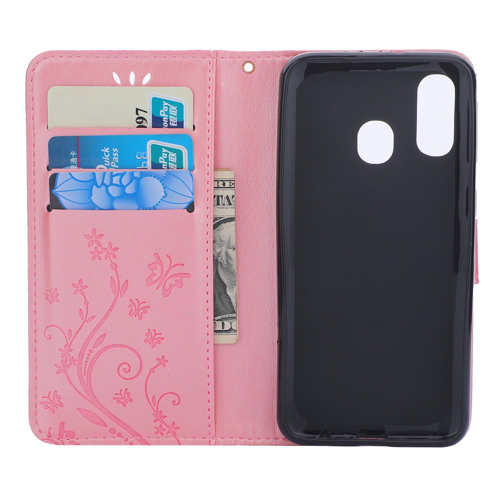 For Samsung Galaxy A40 Imprint Butterfly Flower Leather Wallet Case Cover Phone - Pink-3