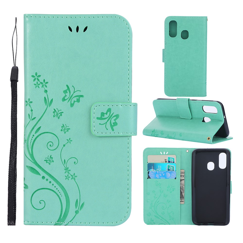 For Samsung Galaxy A40 Imprint Butterfly Flower Leather Wallet Case Cover Phone - Green-1