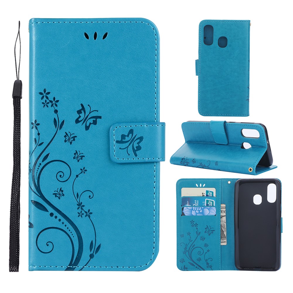 For Samsung Galaxy A40 Imprint Butterfly Flower Leather Wallet Case Cover Phone - Blue-1