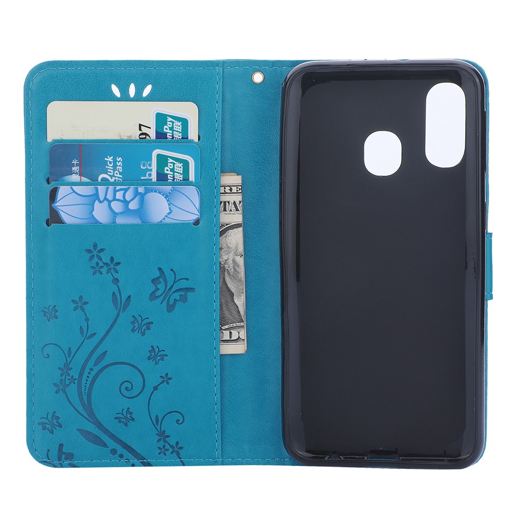 For Samsung Galaxy A40 Imprint Butterfly Flower Leather Wallet Case Cover Phone - Blue-3