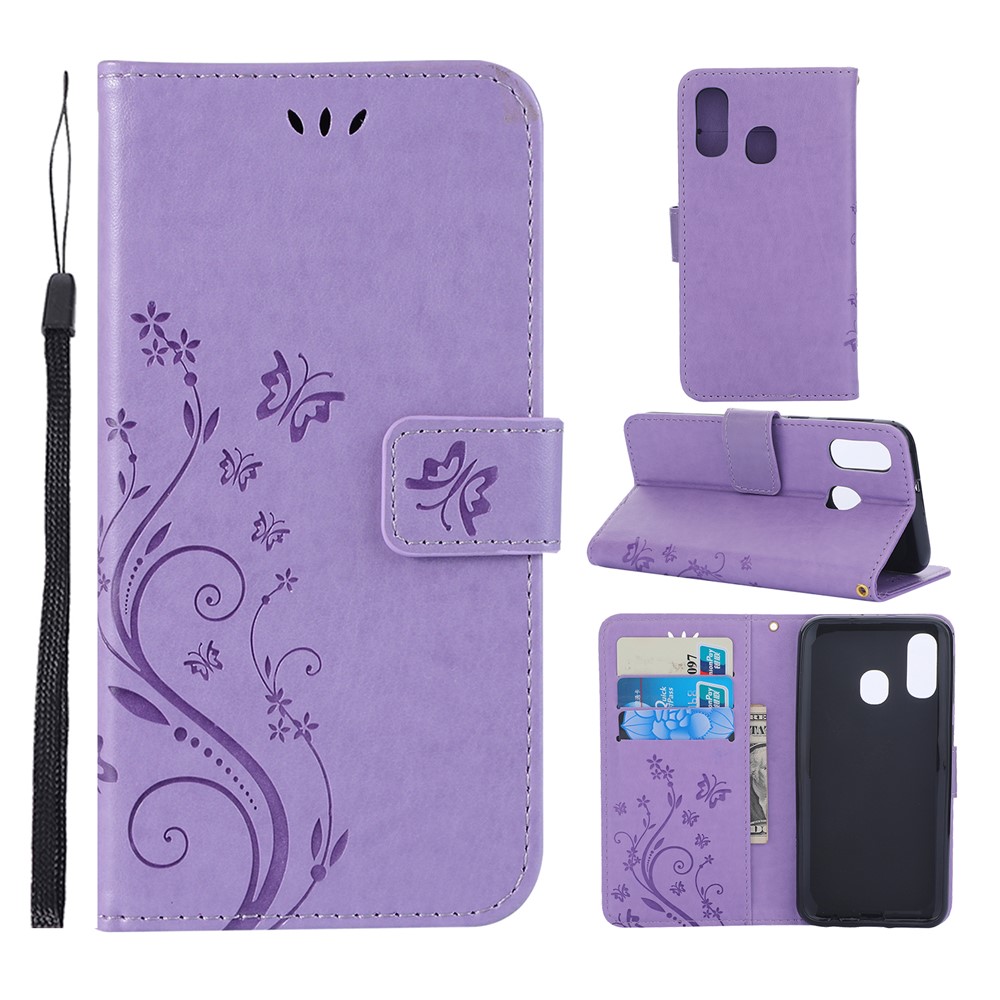 For Samsung Galaxy A40 Imprint Butterfly Flower Leather Wallet Case Cover Phone - Purple-1