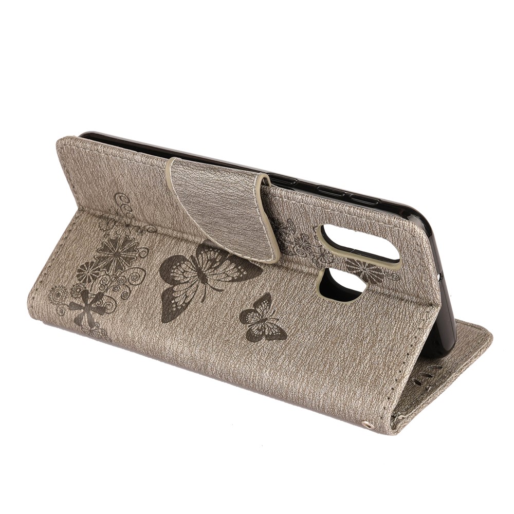 Imprint Butterfly Flower Leather Wallet Cell Phone Case for Samsung Galaxy A40 - Grey-6