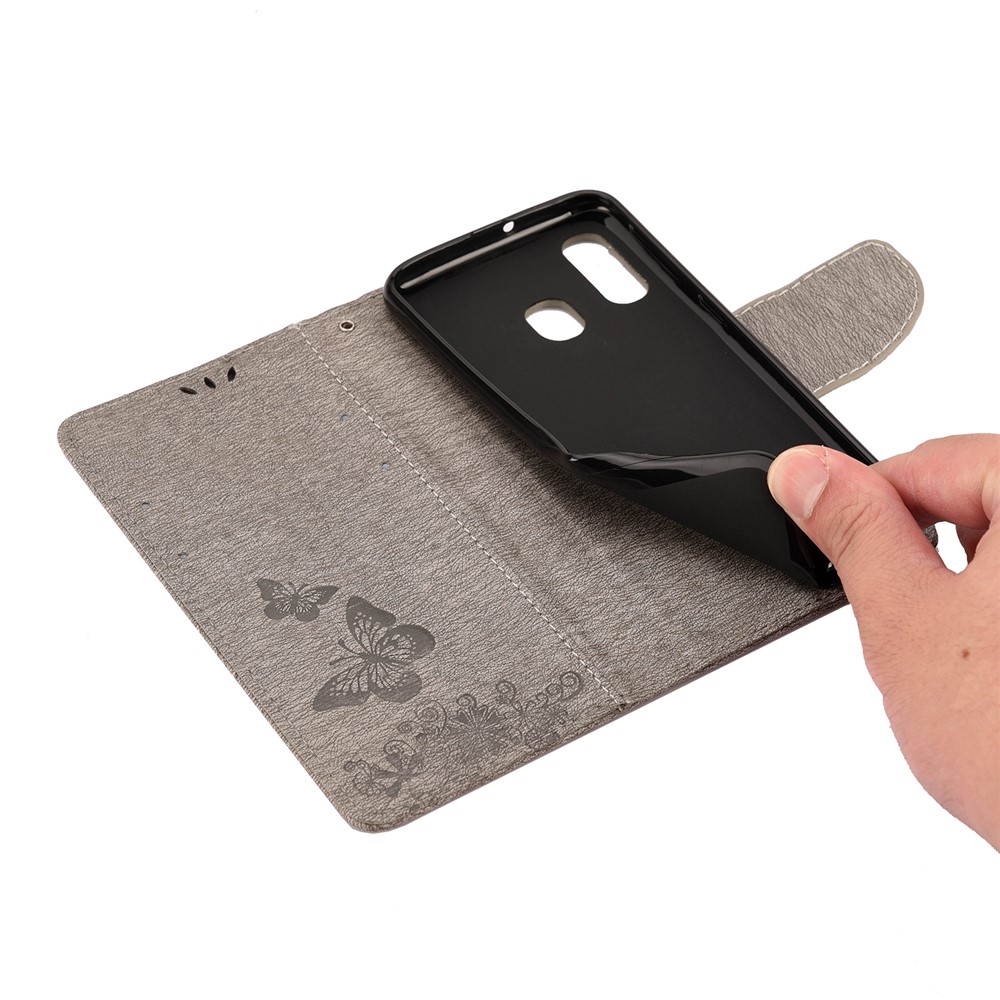 Imprint Butterfly Flower Leather Wallet Cell Phone Case for Samsung Galaxy A40 - Grey-8