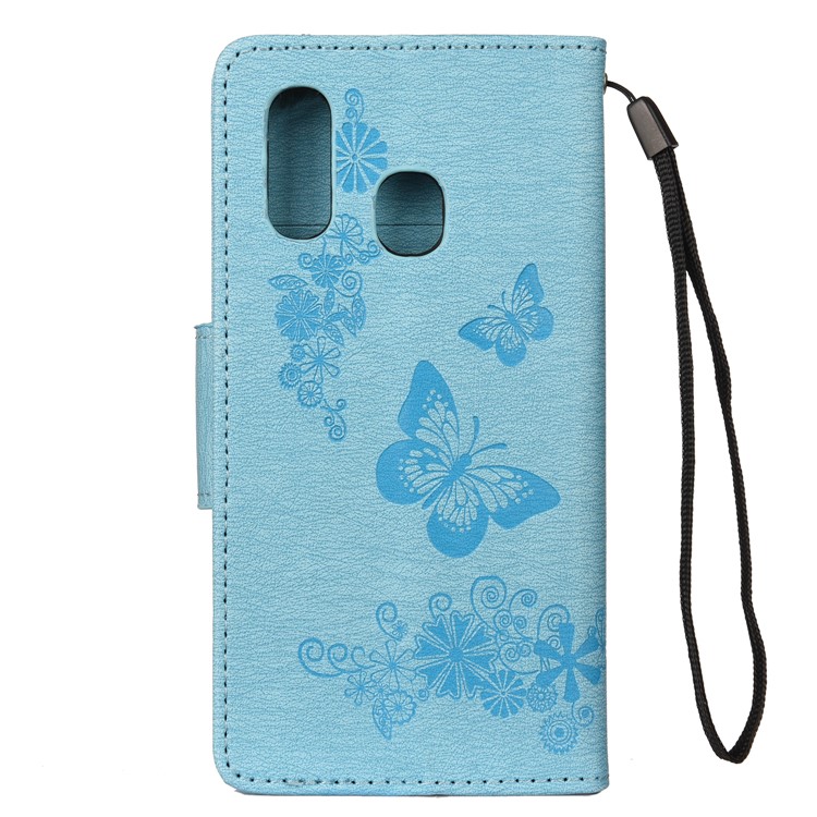 Imprint Butterfly Flower Leather Wallet Cell Phone Case for Samsung Galaxy A40 - Blue-2
