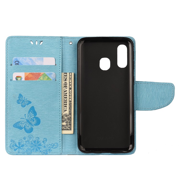 Imprint Butterfly Flower Leather Wallet Cell Phone Case for Samsung Galaxy A40 - Blue-3