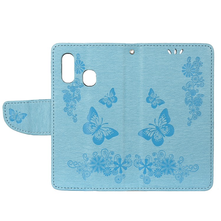 Imprint Butterfly Flower Leather Wallet Cell Phone Case for Samsung Galaxy A40 - Blue-4