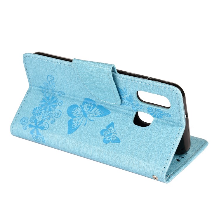 Imprint Butterfly Flower Leather Wallet Cell Phone Case for Samsung Galaxy A40 - Blue-6