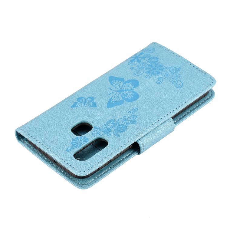 Imprint Butterfly Flower Leather Wallet Cell Phone Case for Samsung Galaxy A40 - Blue-7