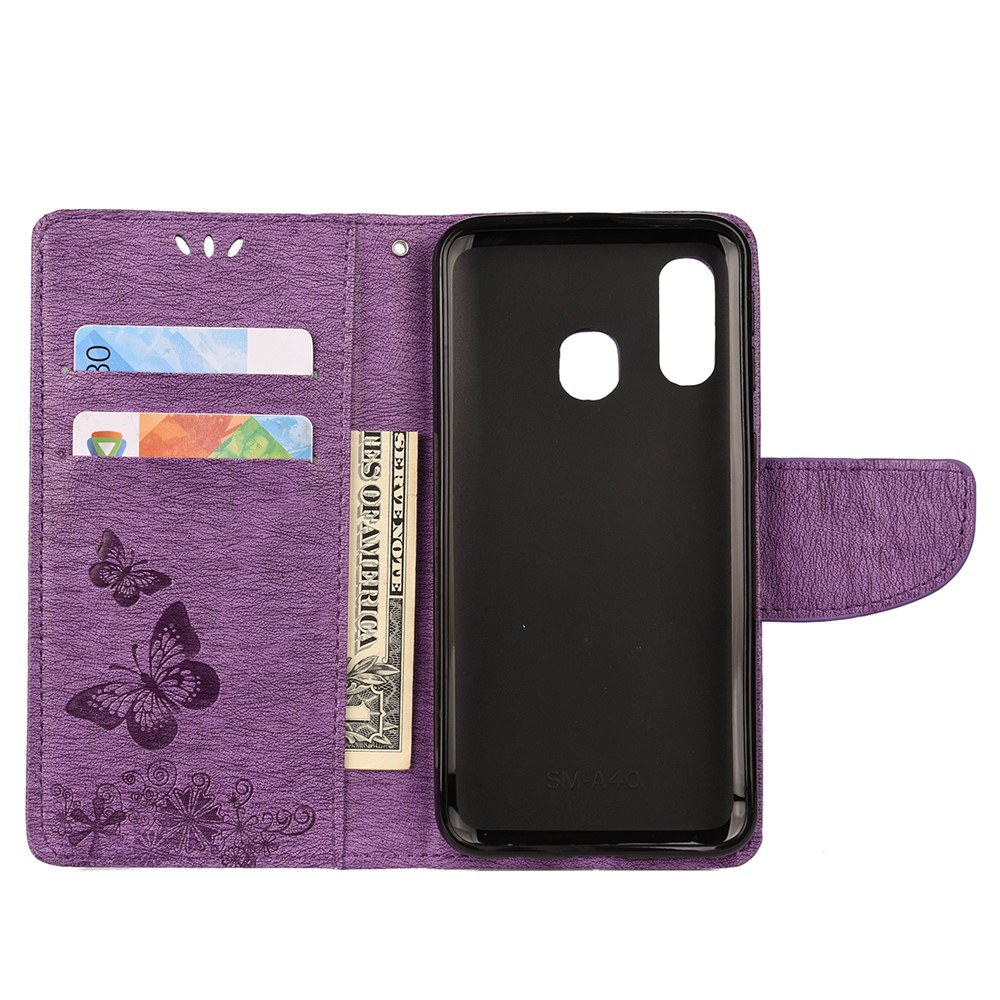 Imprint Butterfly Flower Leather Wallet Cell Phone Case for Samsung Galaxy A40 - Purple-3