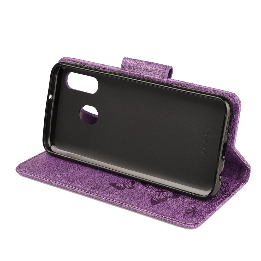 Imprint Butterfly Flower Leather Wallet Cell Phone Case for Samsung Galaxy A40 - Purple-5