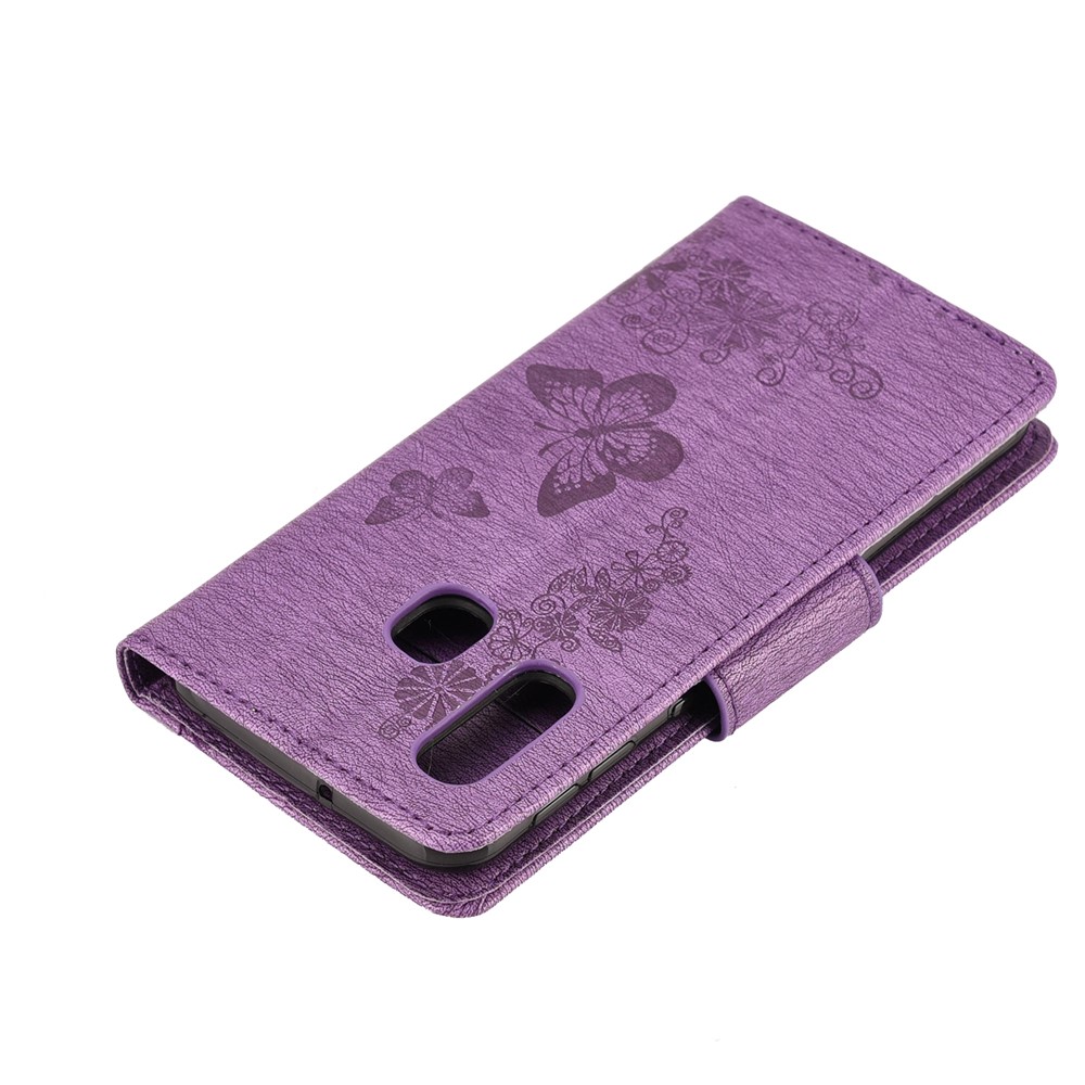 Imprint Butterfly Flower Leather Wallet Cell Phone Case for Samsung Galaxy A40 - Purple-7