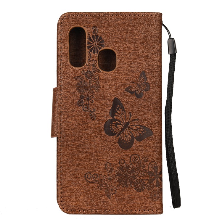 Imprint Butterfly Flower Leather Wallet Cell Phone Case for Samsung Galaxy A40 - Brown-2