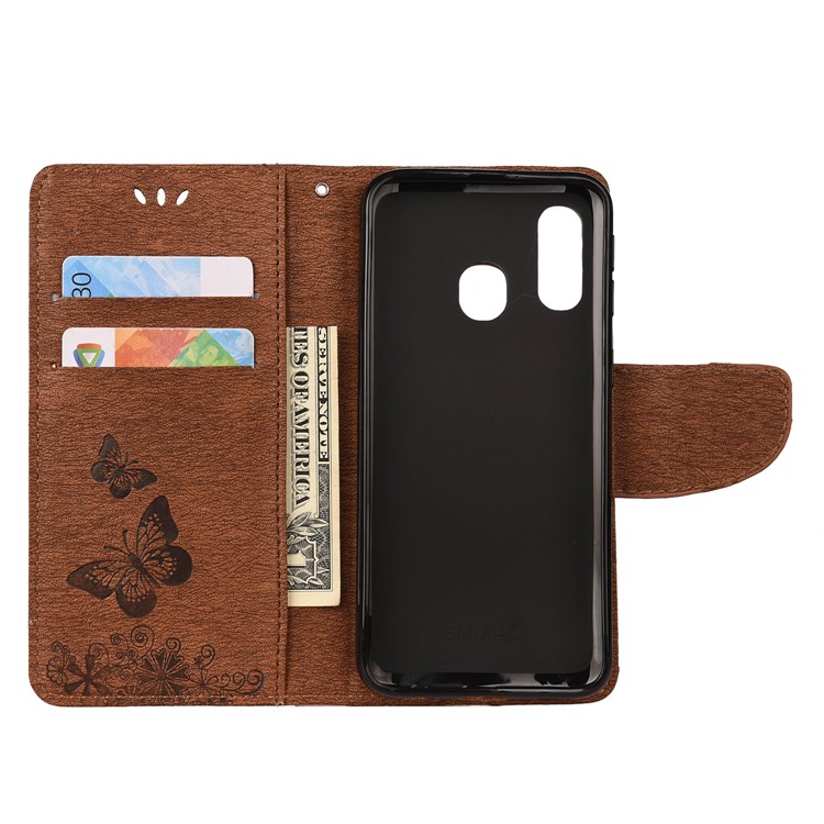 Imprint Butterfly Flower Leather Wallet Cell Phone Case for Samsung Galaxy A40 - Brown-3
