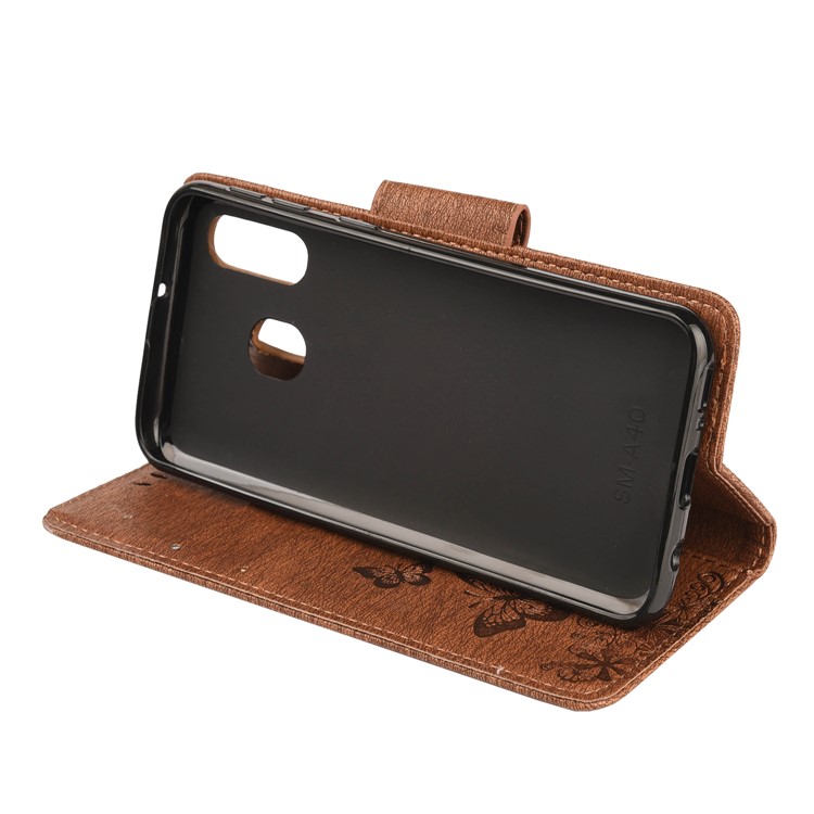 Imprint Butterfly Flower Leather Wallet Cell Phone Case for Samsung Galaxy A40 - Brown-5