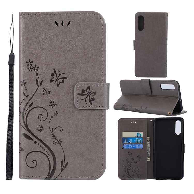 For Samsung Galaxy A70 Imprint Butterfly Flower Leather Wallet Case Cover Phone - Grey-1
