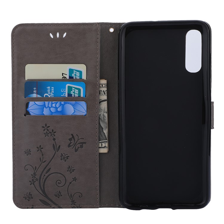 For Samsung Galaxy A70 Imprint Butterfly Flower Leather Wallet Case Cover Phone - Grey-3