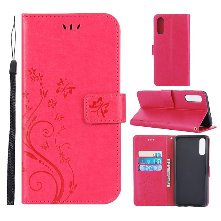 For Samsung Galaxy A70 Imprint Butterfly Flower Leather Wallet Case Cover Phone - Rose-1