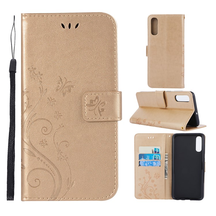 For Samsung Galaxy A70 Imprint Butterfly Flower Leather Wallet Case Cover Phone - Gold-1