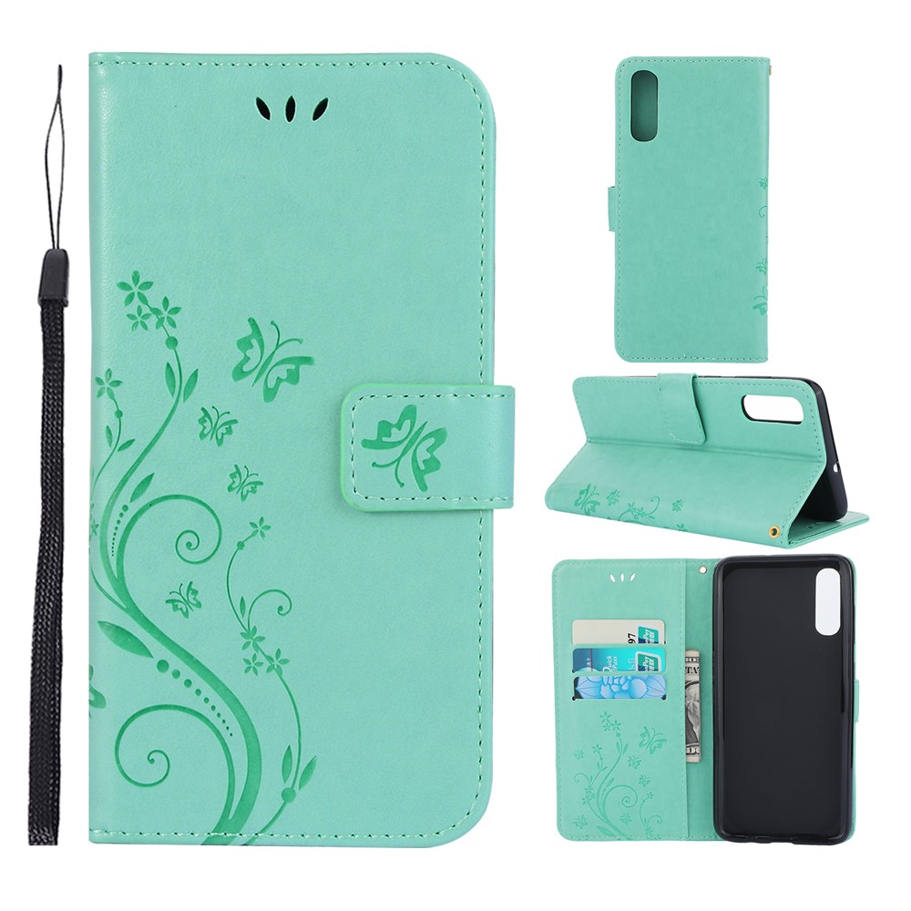 For Samsung Galaxy A70 Imprint Butterfly Flower Leather Wallet Case Cover Phone - Green-1