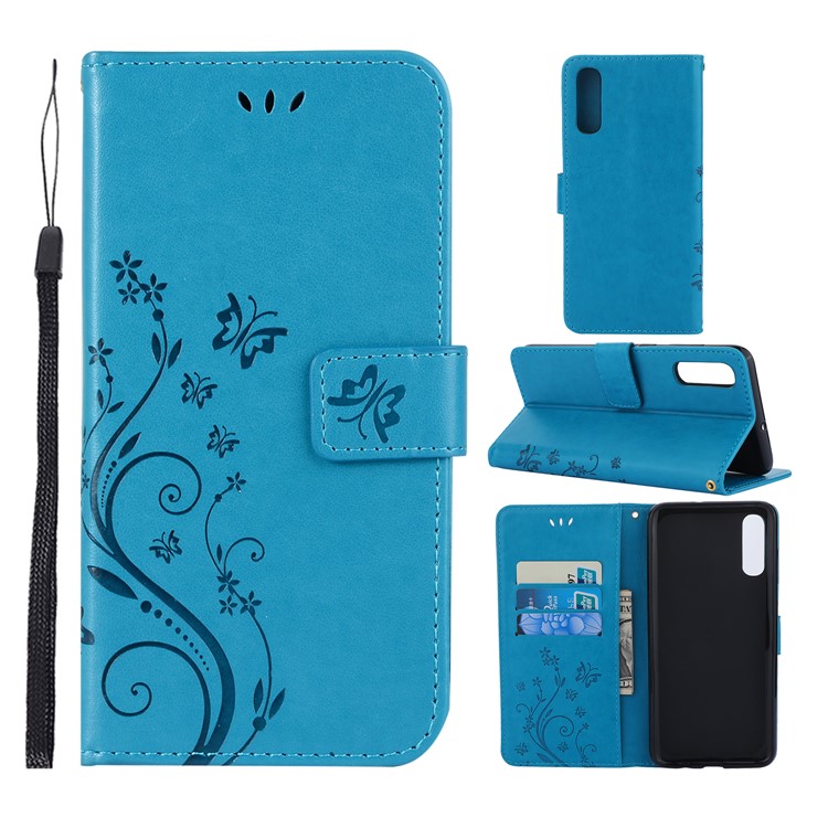 For Samsung Galaxy A70 Imprint Butterfly Flower Leather Wallet Case Cover Phone - Blue-1