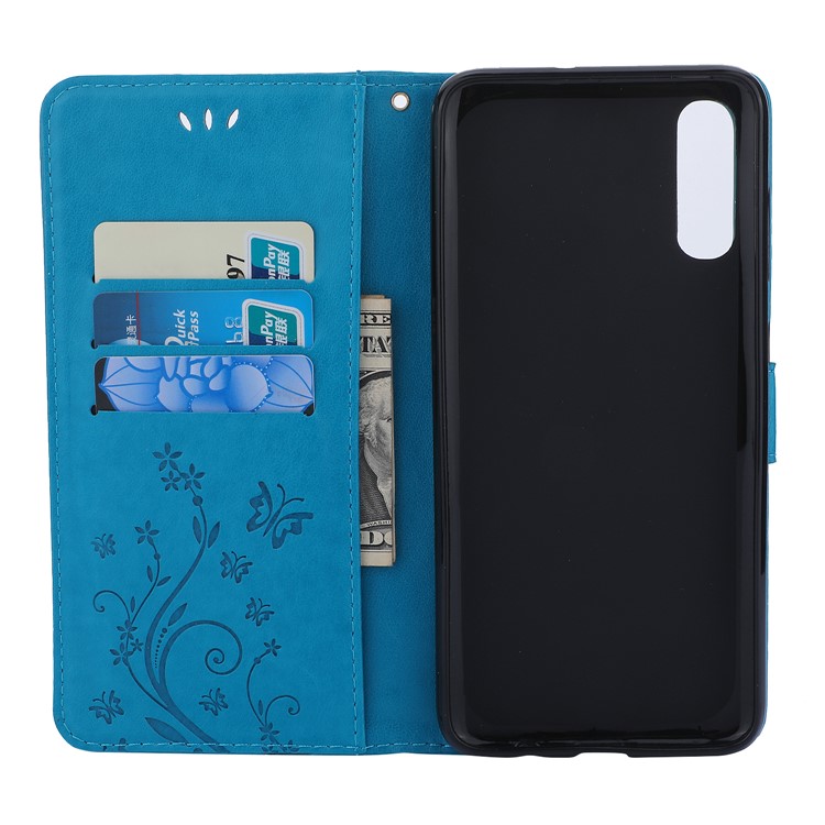 For Samsung Galaxy A70 Imprint Butterfly Flower Leather Wallet Case Cover Phone - Blue-3