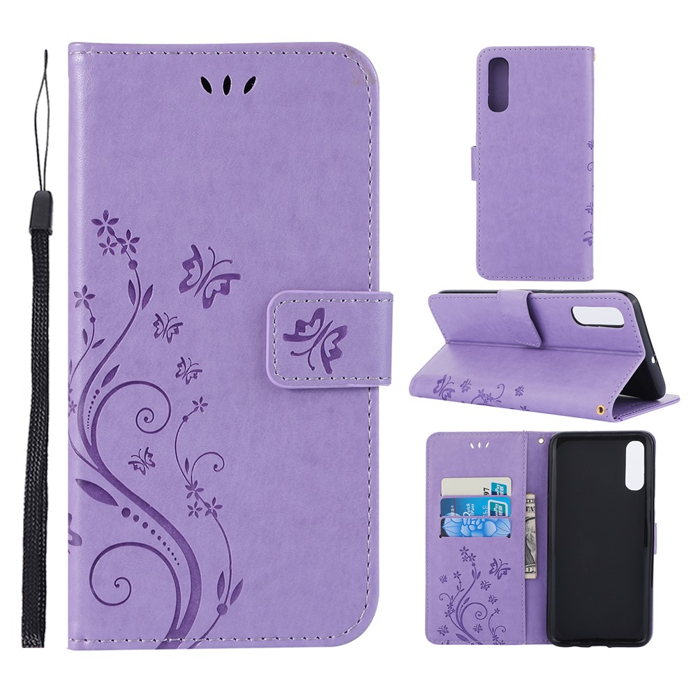 For Samsung Galaxy A70 Imprint Butterfly Flower Leather Wallet Case Cover Phone - Purple-1
