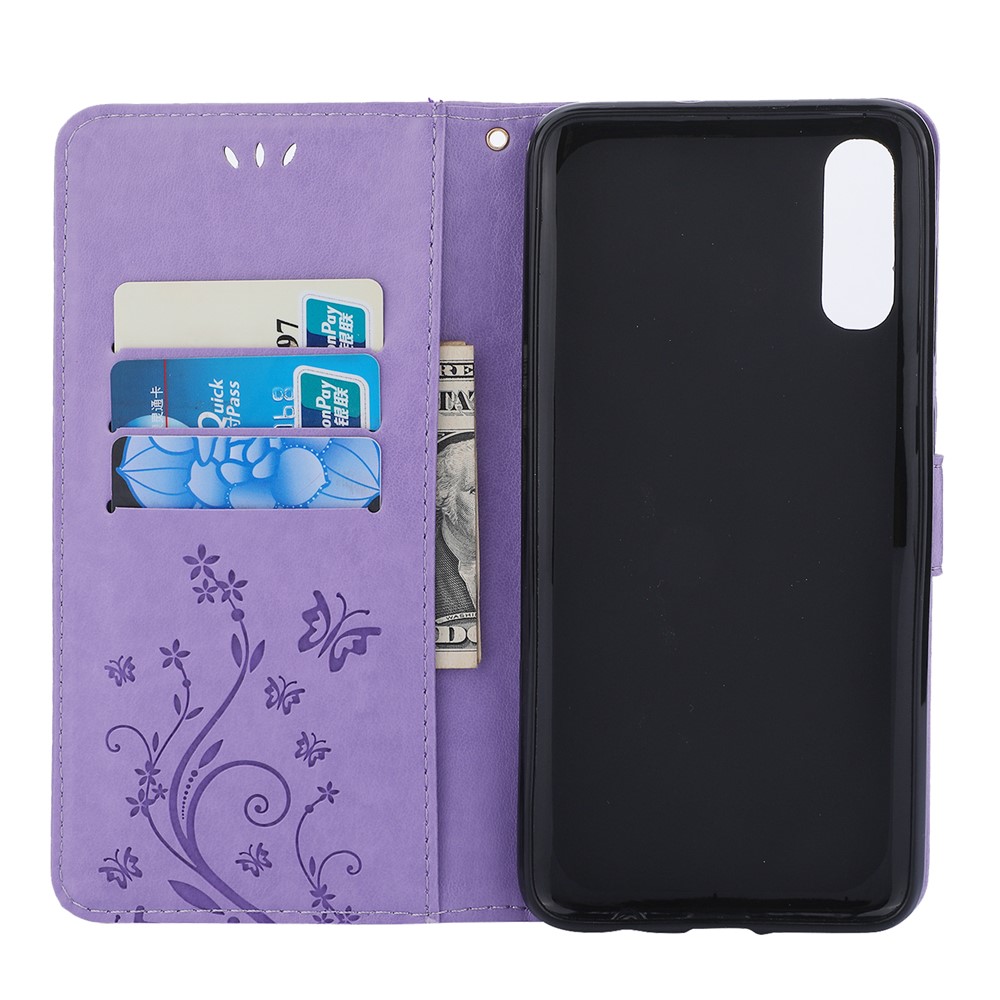 For Samsung Galaxy A70 Imprint Butterfly Flower Leather Wallet Case Cover Phone - Purple-3