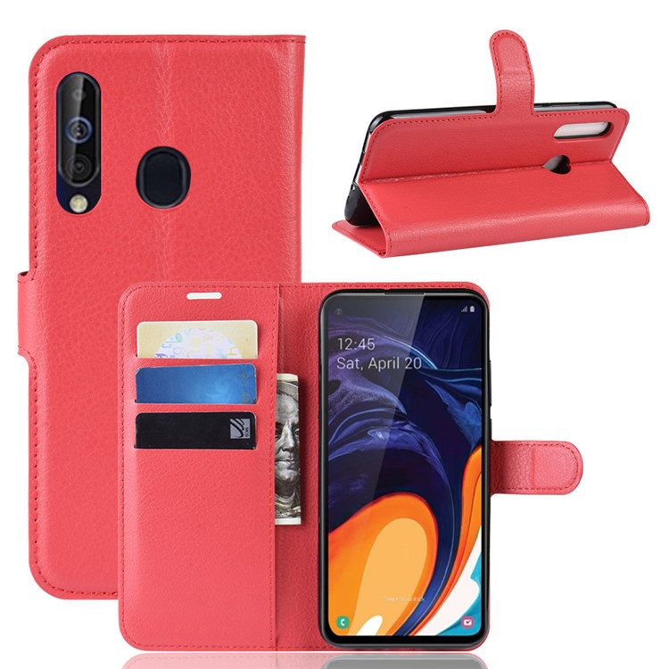 Litchi Skin Wallet Leather Stand Case for Samsung Galaxy A60 - Red-1