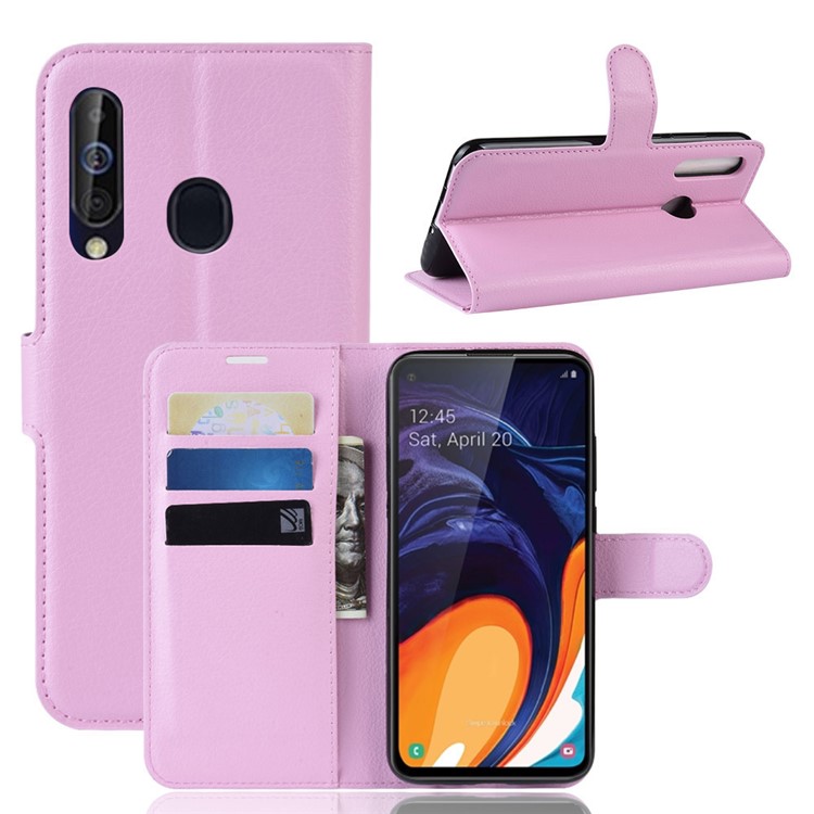 Litchi Skin Wallet Leather Stand Case for Samsung Galaxy A60 - Pink-1