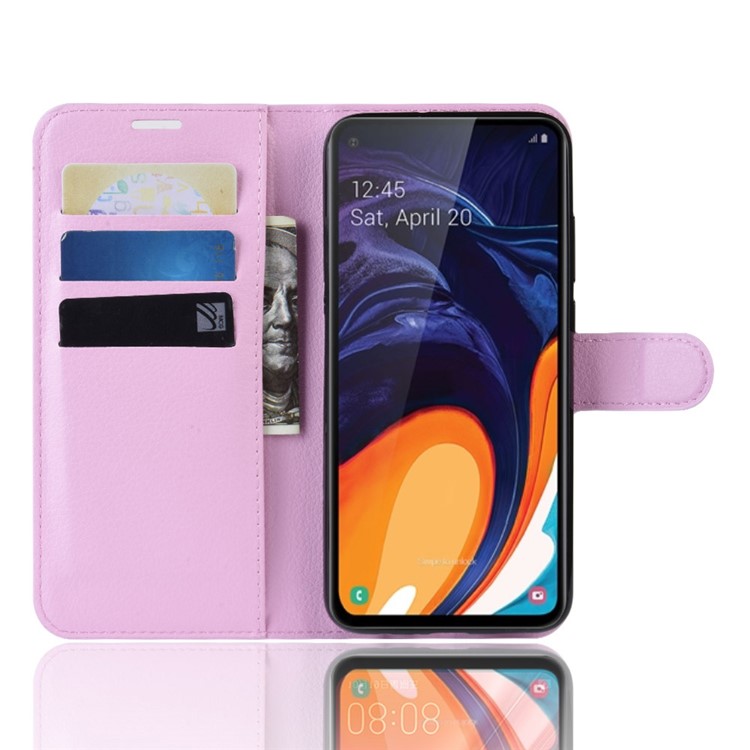 Litchi Skin Wallet Leather Stand Case for Samsung Galaxy A60 - Pink-4