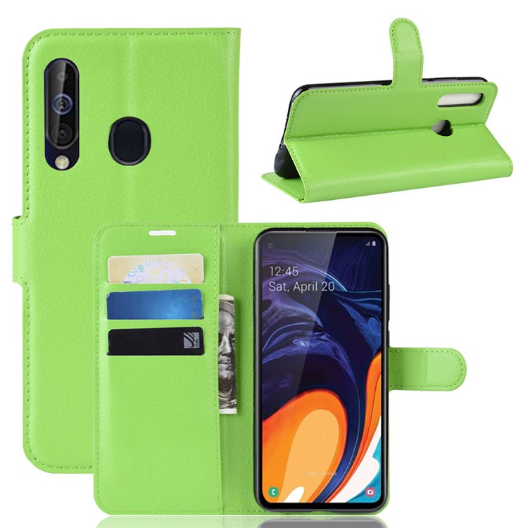 Litchi Skin Wallet Leather Stand Case for Samsung Galaxy A60 - Green-1
