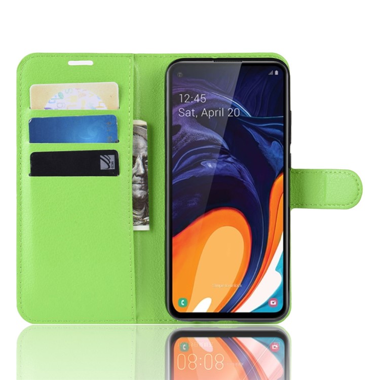 Litchi Skin Wallet Leather Stand Case for Samsung Galaxy A60 - Green-4