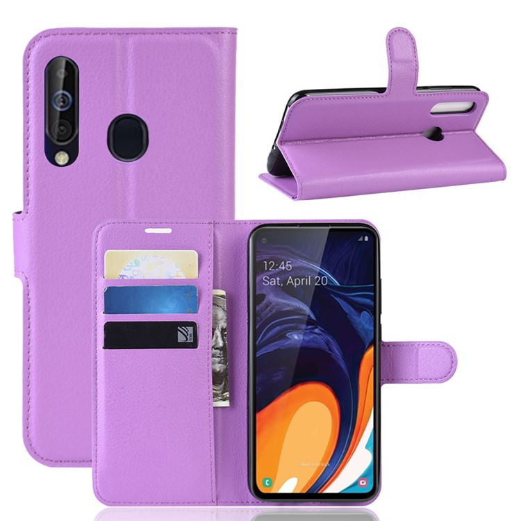 Litchi Skin Wallet Leather Stand Case for Samsung Galaxy A60 - Purple-1