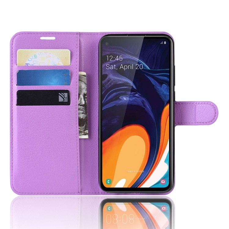 Litchi Skin Wallet Leather Stand Case for Samsung Galaxy A60 - Purple-4