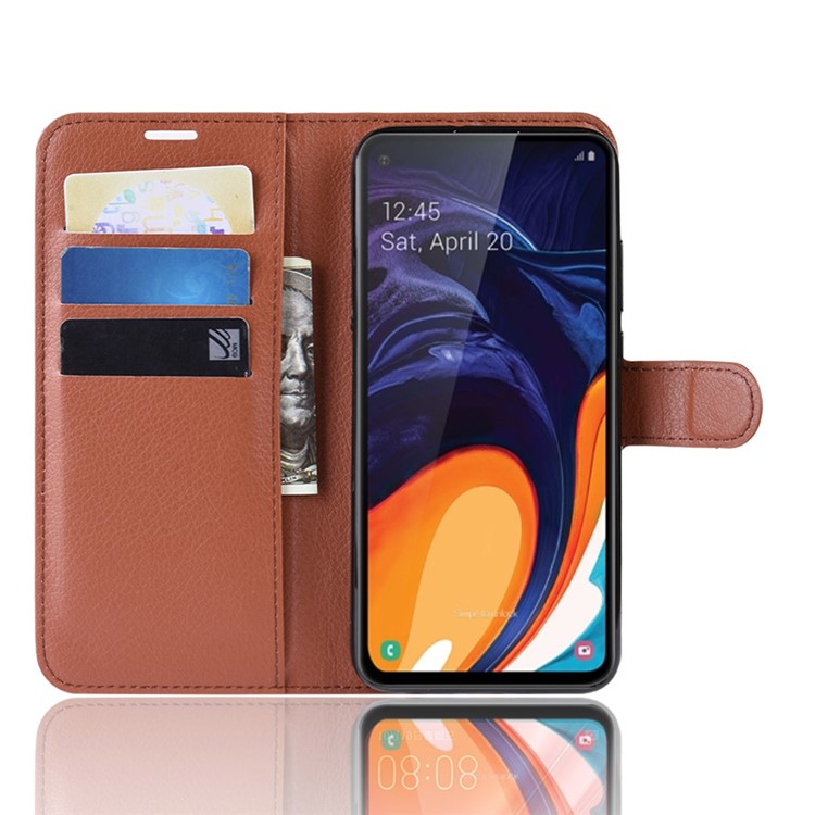 Litchi Skin Wallet Leather Stand Case for Samsung Galaxy A60 - Brown-4