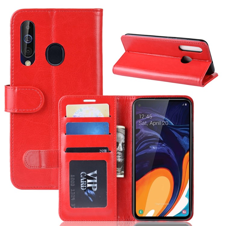 Crazy Horse Wallet Leather Stand Case for Samsung Galaxy A60 - Red-1
