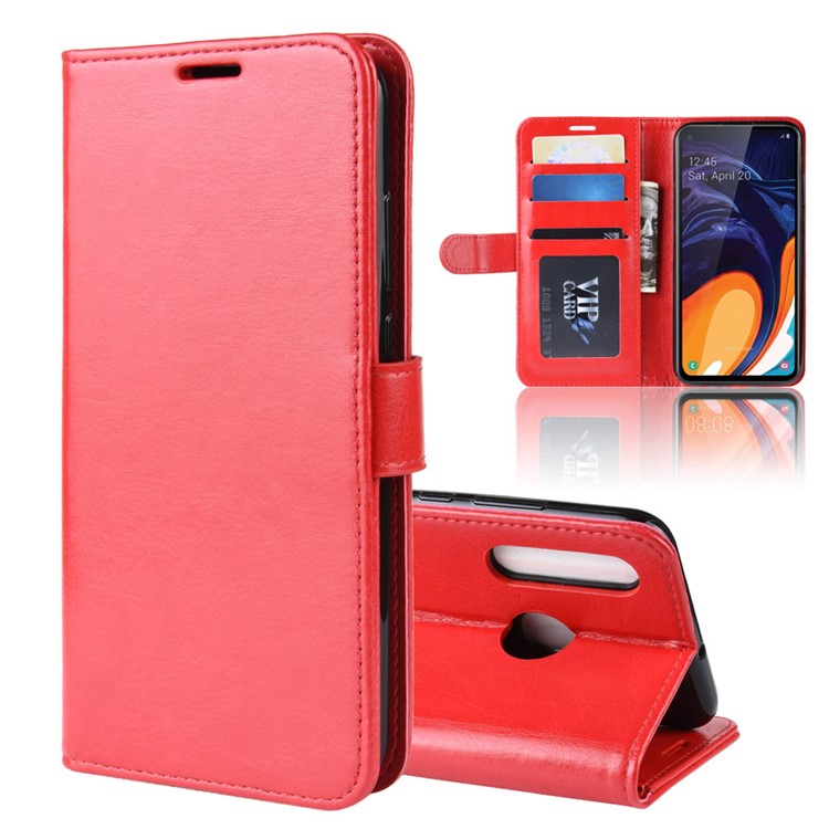 Crazy Horse Wallet Leather Stand Case for Samsung Galaxy A60 - Red-2