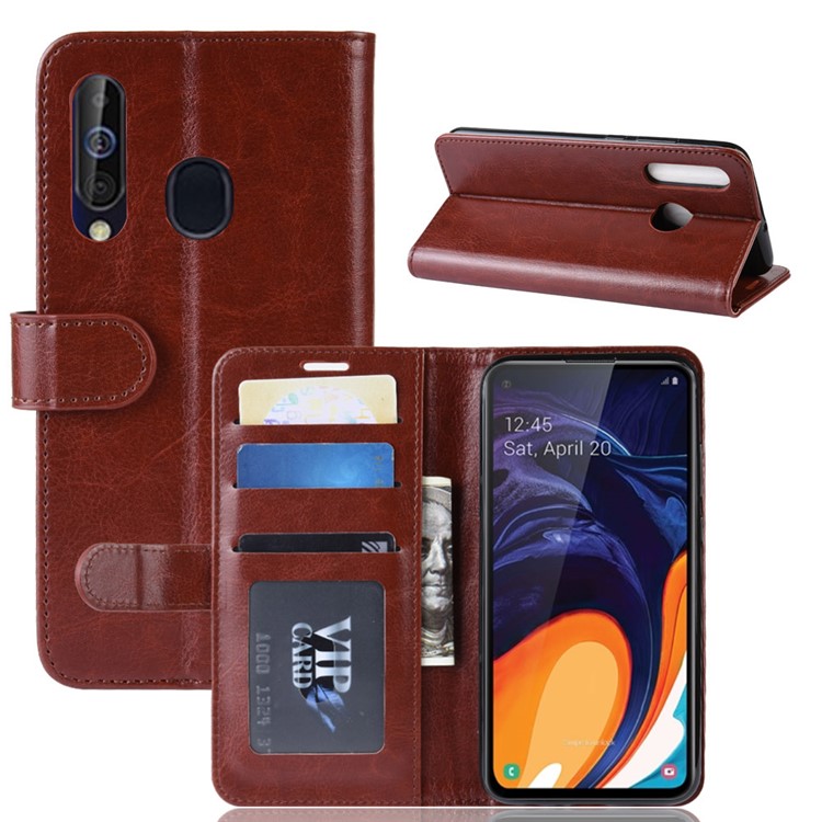 Crazy Horse Wallet Leather Stand Case for Samsung Galaxy A60 - Brown-1