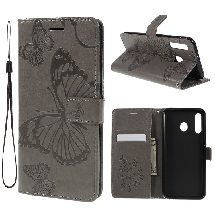 Imprint Butterfly Flowers Leather Stand Wallet Folio Case for Samsung Galaxy M30 - Grey-1