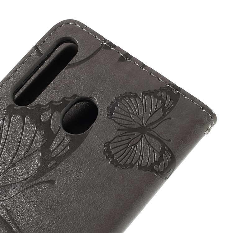 Imprint Butterfly Flowers Leather Stand Wallet Folio Case for Samsung Galaxy M30 - Grey-5