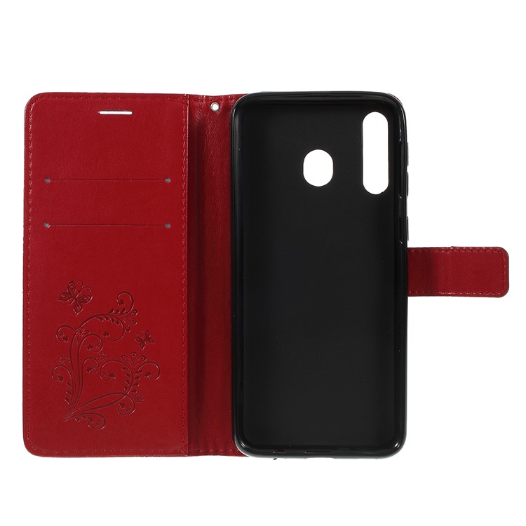 Imprint Butterfly Flowers Leather Stand Wallet Folio Case for Samsung Galaxy M30 / A40s - Red-4
