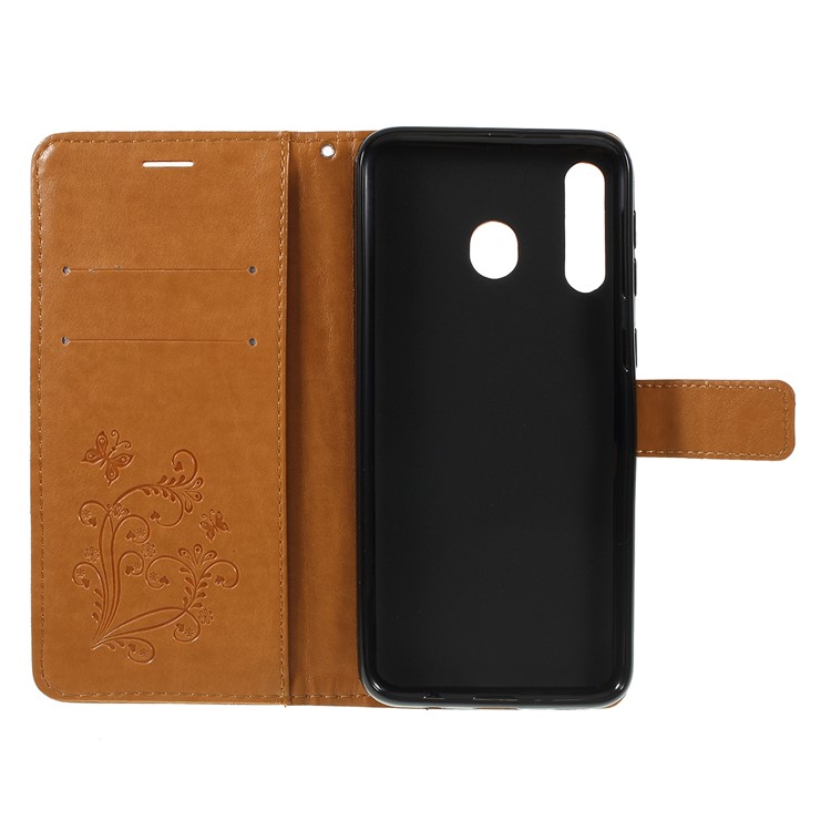 Imprint Butterfly Flowers Leather Stand Wallet Folio Case for Samsung Galaxy M30 / A40s - Brown-4