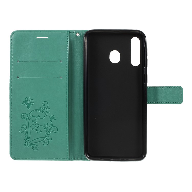 Imprint Butterfly Flowers Leather Stand Wallet Folio Case for Samsung Galaxy M30 / A40s - Cyan-4