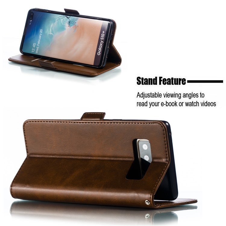 Leather Wallet Stand Flip Phone Case Cover for Samsung Galaxy S10 Plus - Coffee-8