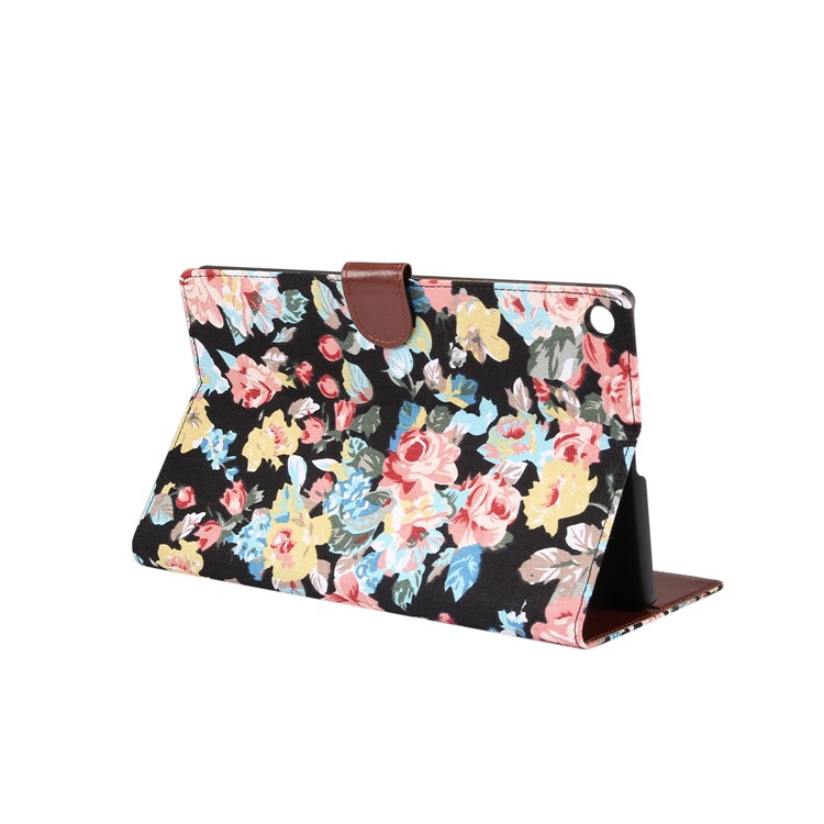 Floral Printed Cloth + PC Wallet Stand Tablet Case for Samsung Galaxy Tab A 10.1 (2019) T510/T515 - Black Flowers-4