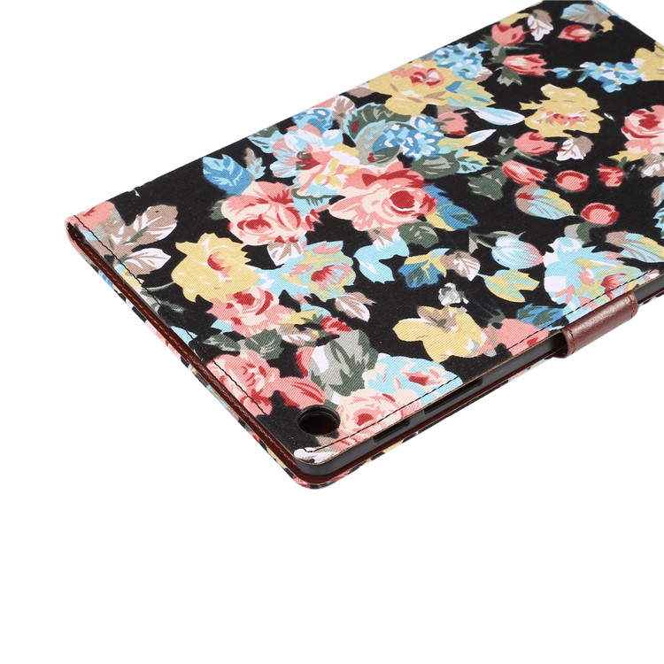 Floral Printed Cloth + PC Wallet Stand Tablet Case for Samsung Galaxy Tab A 10.1 (2019) T510/T515 - Black Flowers-6