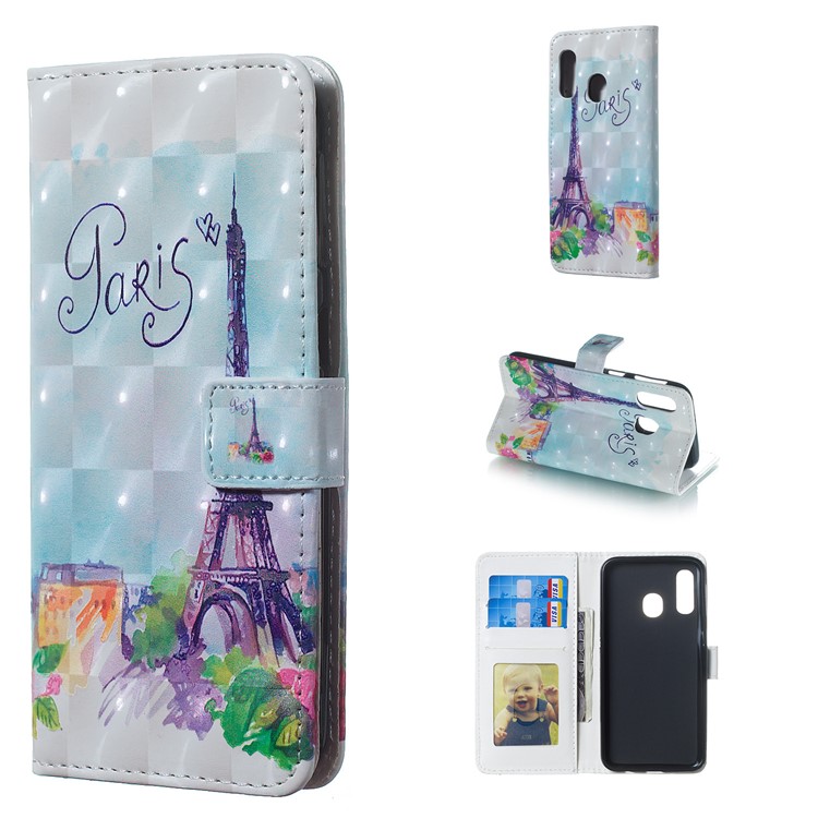 Light Spot Decor Patterned Embossed Leather Wallet Case for Samsung Galaxy A40 - Eiffel Tower-9