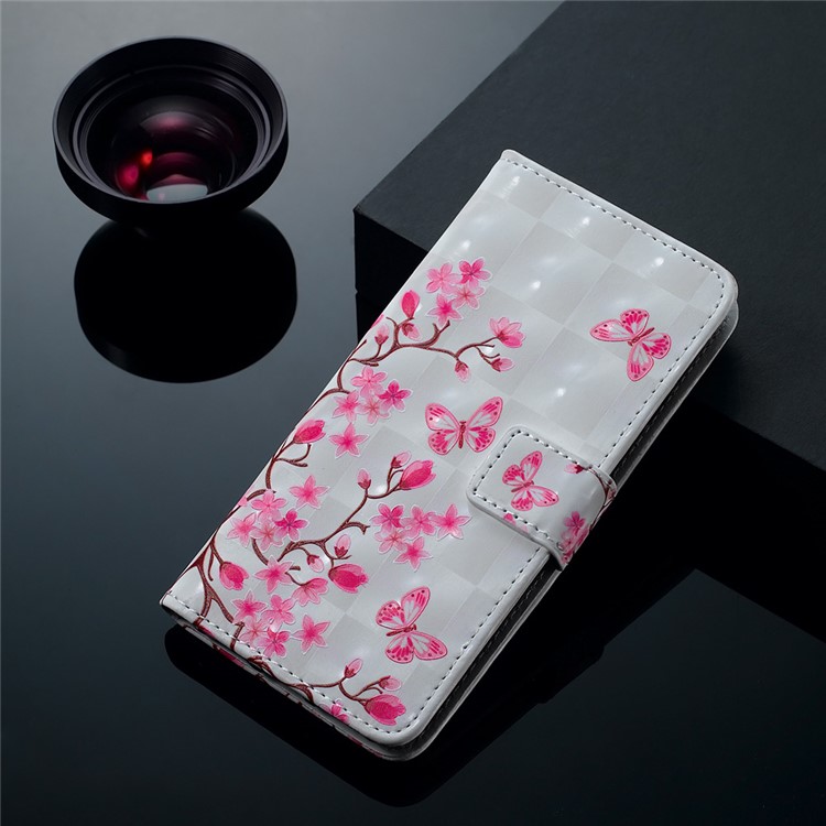 Patterned Light Spot Decor Embossment Leather Wallet Case for Samsung Galaxy A70 - Pink Flower and Butterfly-8