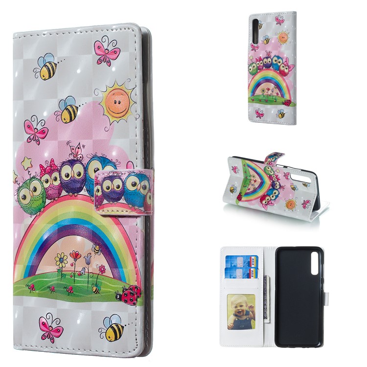 Patterned Light Spot Decor Embossment Leather Wallet Case for Samsung Galaxy A70 - Rainbow and Owls-1