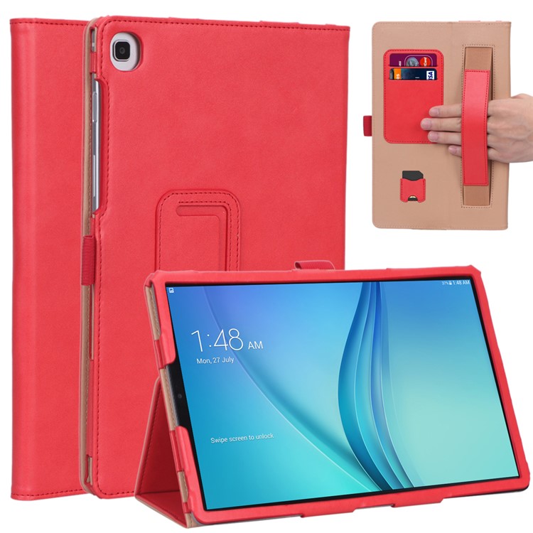 Card Holder Stand PU Leather Tablet Case with Elastic Hand Strap for Samsung Galaxy Tab S5e SM-T720 - Rose-1